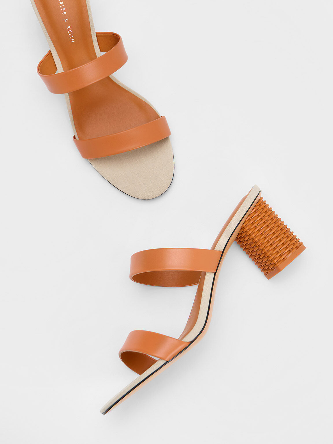 Orange Rattan Block Heel Sandals - CHARLES & KEITH PL