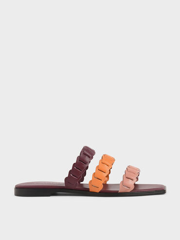 Leather Pleated Strap Slide Sandals, Multi, hi-res