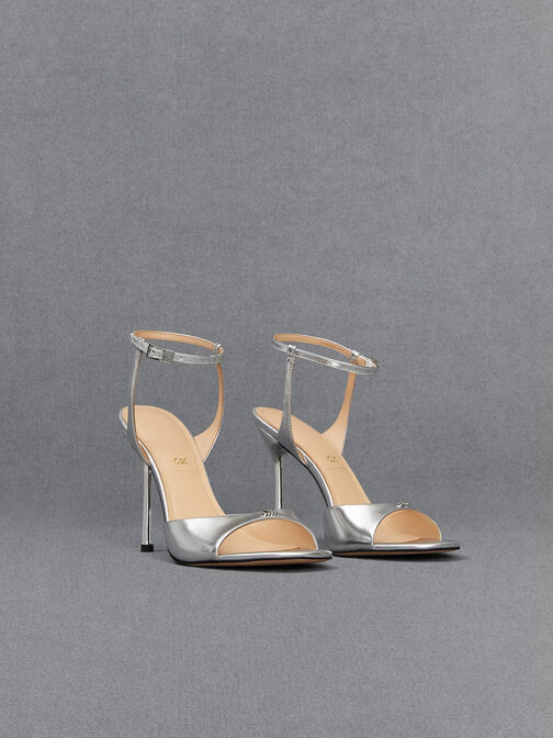 Metallic Leather Ankle-Strap Pumps, Silver, hi-res
