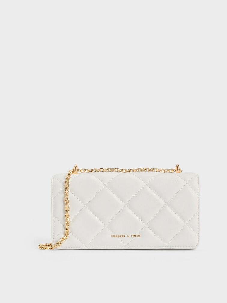 Paffuto Chain Handle Quilted Long Wallet, White, hi-res