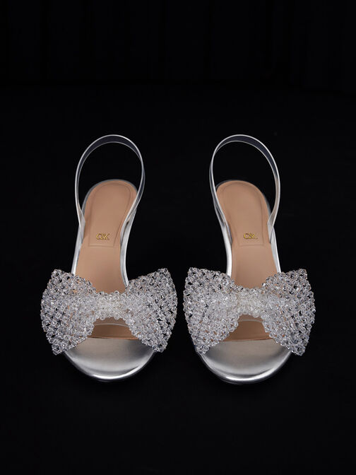 See-Through Beaded Bow Slingback Pumps, Clear, hi-res