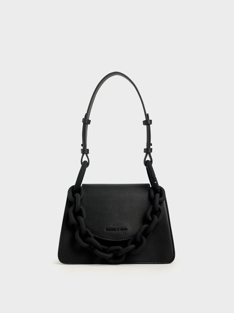 Chunky Chain Link Small Shoulder Bag, Black, hi-res