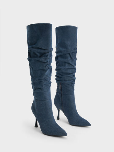 Aster Denim Ruched Knee-High Boots, Blue, hi-res