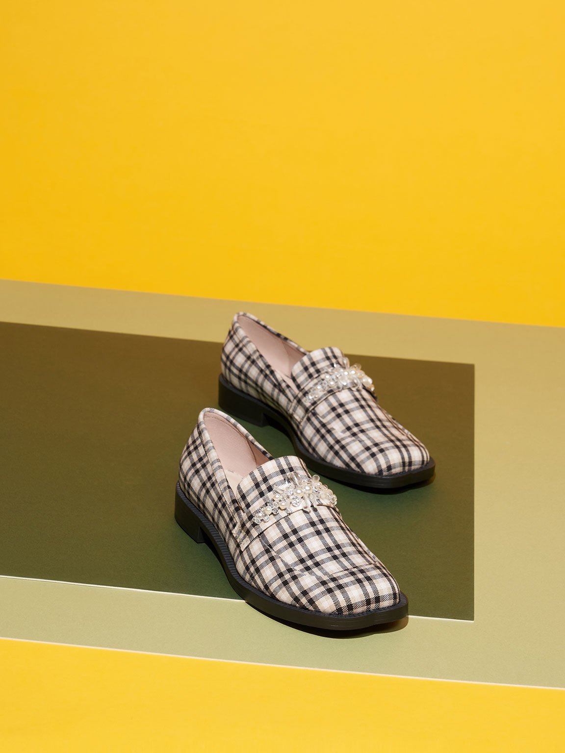 Bead-Embellished Check-Print Penny Loafers, Multi, hi-res