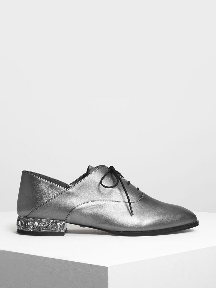 Faceted Lucite Heel Leather Oxfords, Pewter, hi-res