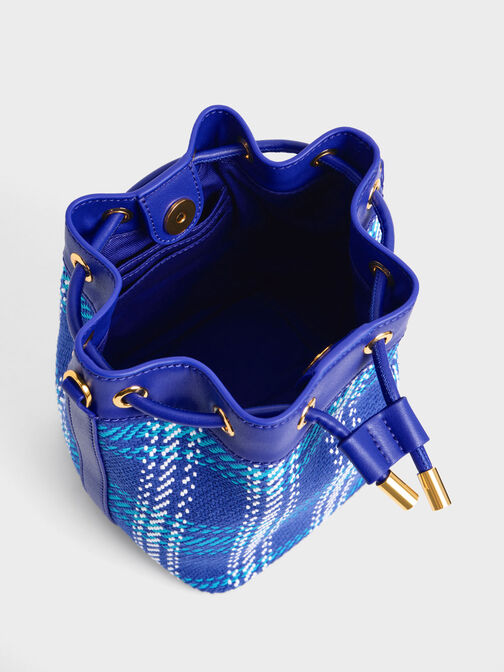 Bolso bombonera con cordón ajustable y asa trenzada de tweed, Azul cobalto, hi-res