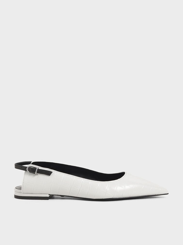 Croc-Effect Leather Ballerina Flats, White, hi-res
