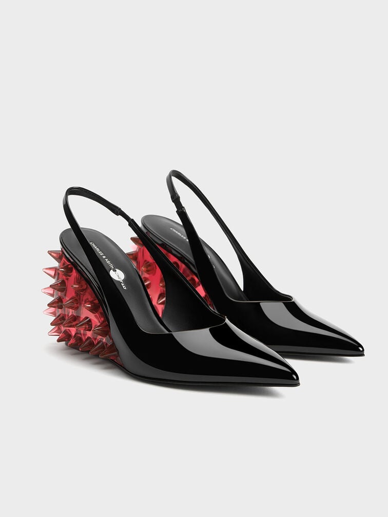 Zapatos destalonados de charol con tacón de cuña con picos, Rojo, hi-res