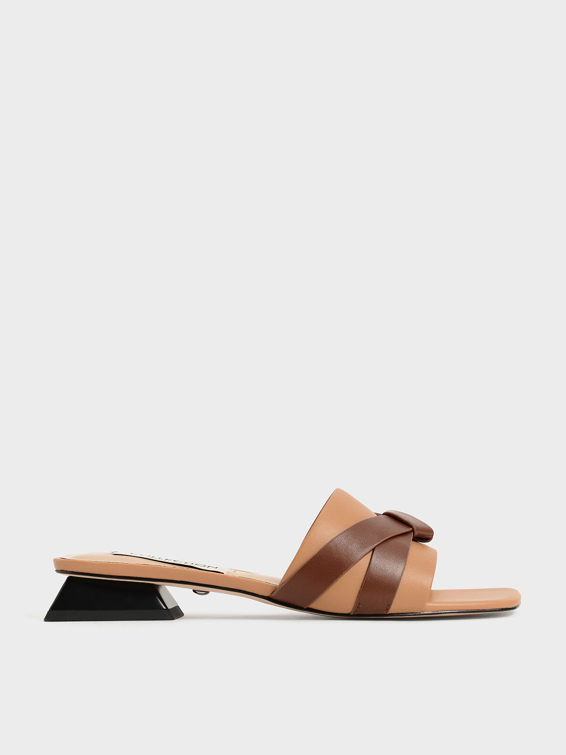 Leather Bow-Tie Trapeze Heel Mules, Caramel, hi-res