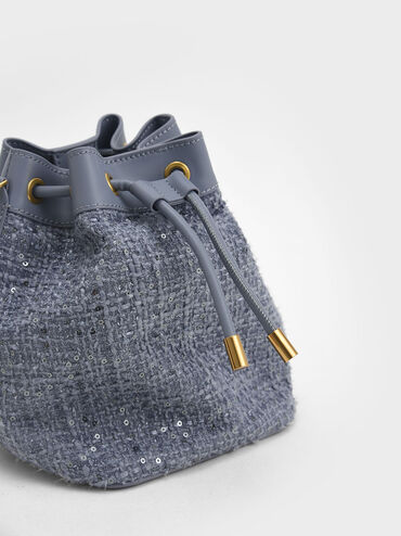 Tweed Drawstring Bucket Bag, Azul mezclilla, hi-res