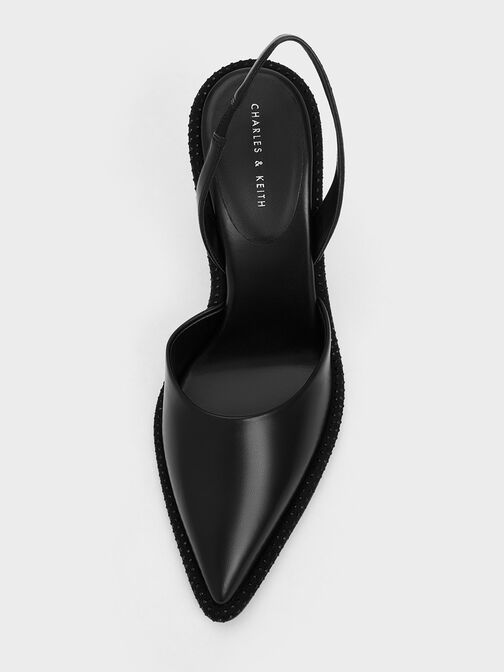 Zapatos de tacón destalonados con punta estrecha y adornos de cristal, Negro, hi-res