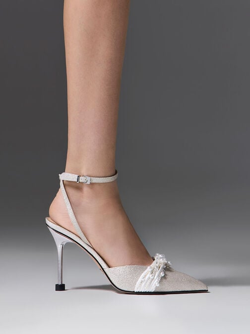 Leda Beaded Glittered Ankle-Strap Pumps, Silver, hi-res