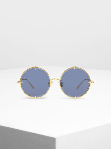 Round Wire Frame Skinny Sunglasses, Blue, hi-res