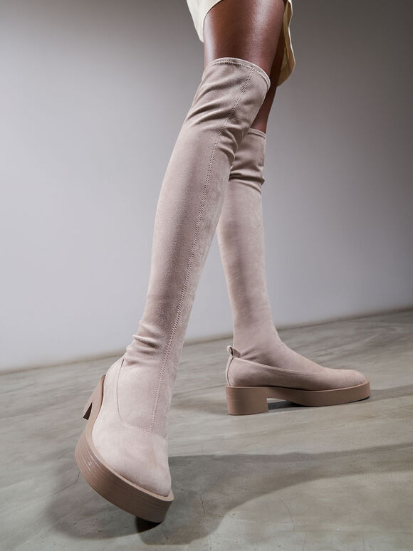 Textured Thigh-High Block Heel Boots, Taupe, hi-res