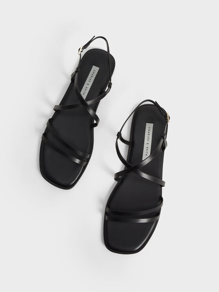 Strappy Flat Sandals, Black, hi-res