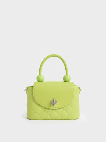Round Quilted Top Handle Bag, Lime, hi-res