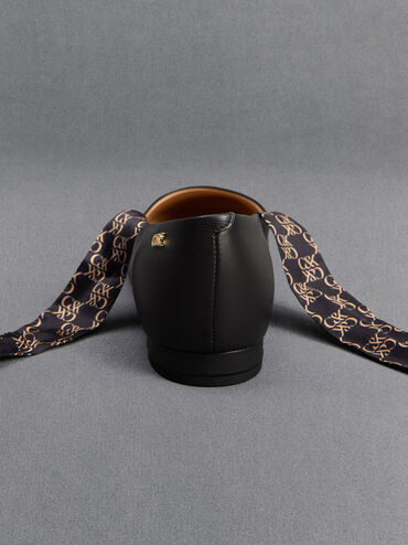 Leather Monogram Tie-Around Ballet Flats, Black, hi-res