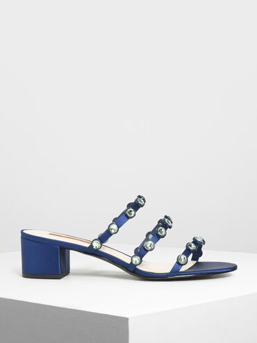 Embellished Strappy Slide Sandals, Dark Blue, hi-res