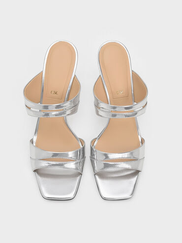 Metallic Leather Double-Strap Heeled Mules, Silver, hi-res