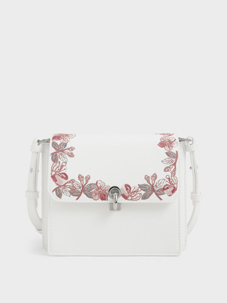 Floral Embroidered Turn Lock Bag, Blanco, hi-res