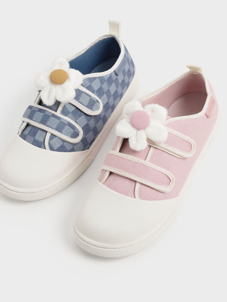 Girls' Flower-Embellished Denim Check-Print Sneakers, Blue, hi-res