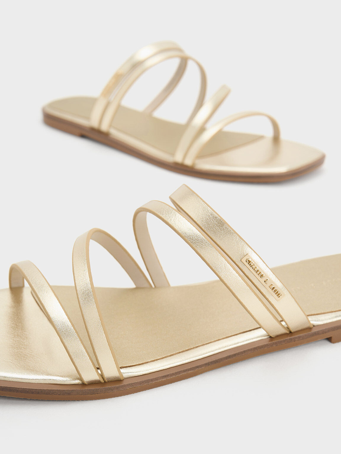 Metallic Strappy Slide Sandals, Gold, hi-res