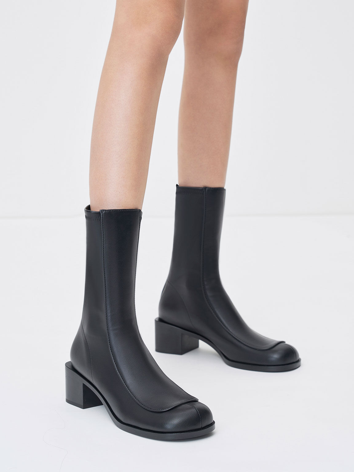 Block Heel Calf Boots, Black, hi-res