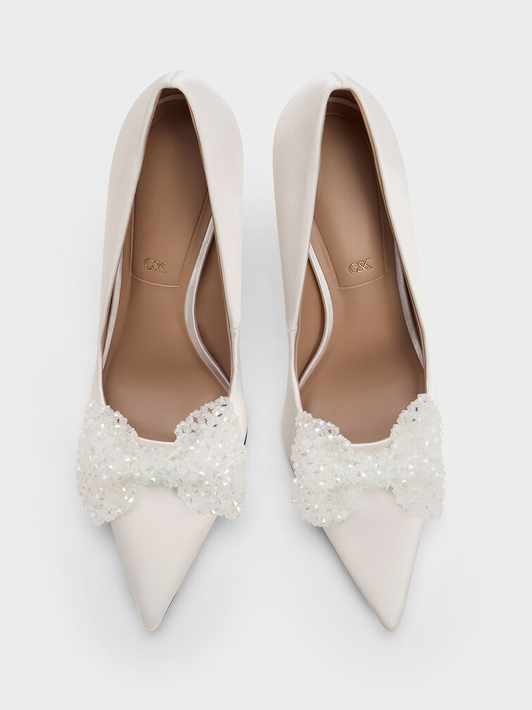 Recycled Polyester Beaded Bow Pumps, White, hi-res