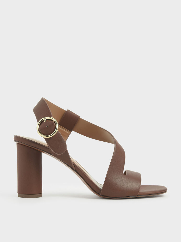 Asymmetric Strap Heeled Sandals, Brown, hi-res