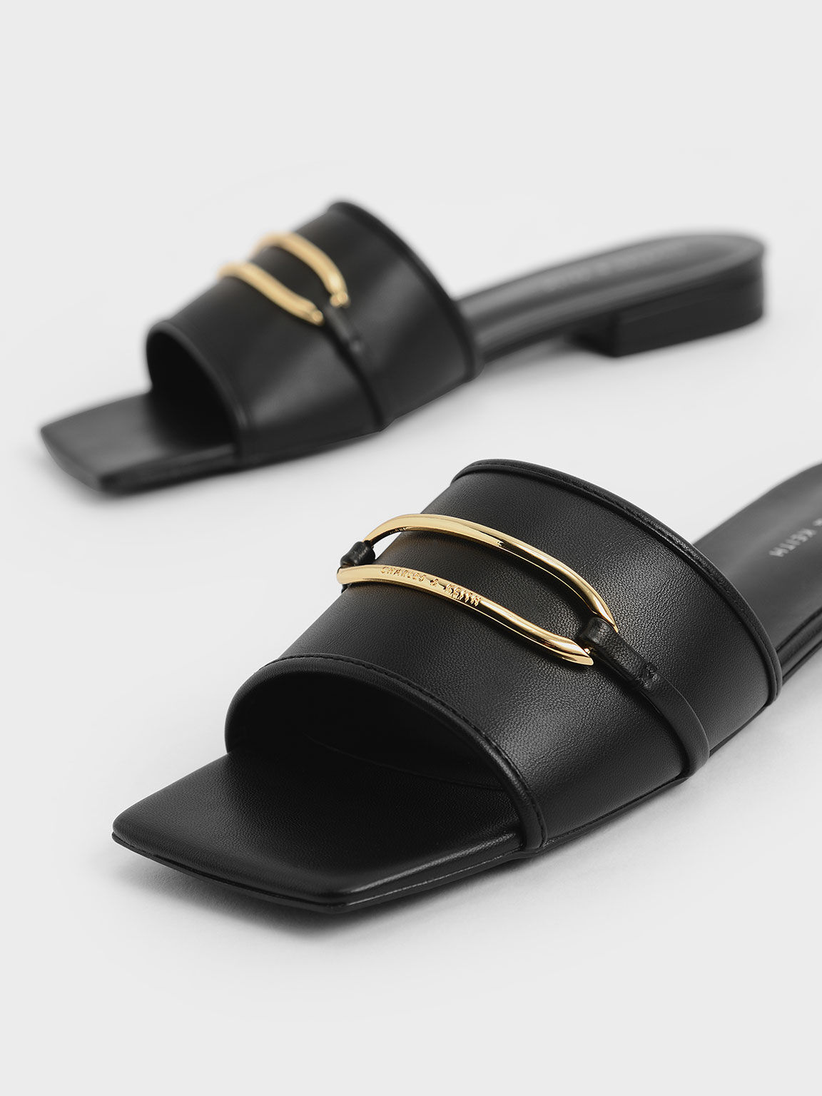 Metallic Accent Square-Toe Slide Sandals, Black, hi-res