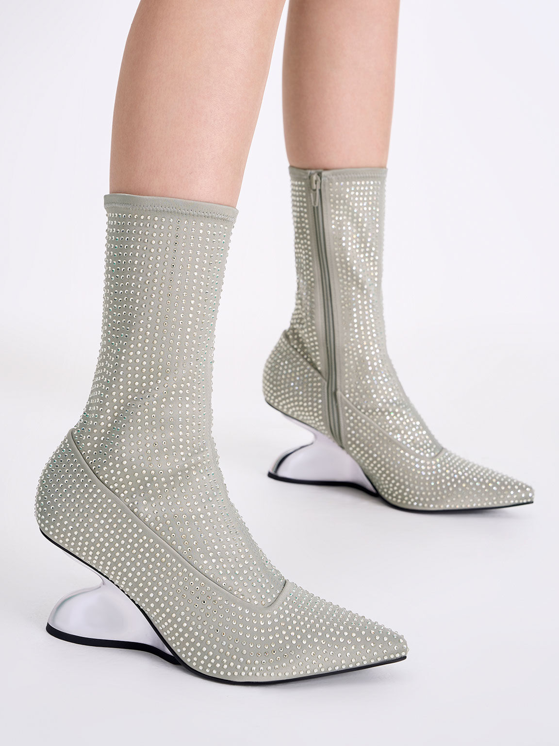 Zania Gem-Embellished Sculptural Heel Boots, Grey, hi-res