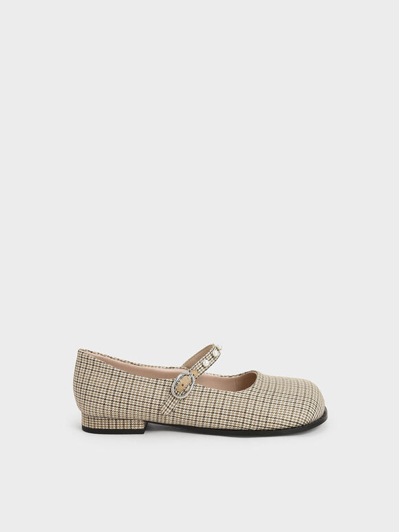 Girls' Check-Print Pearl-Embellished Mary Janes, Multi, hi-res