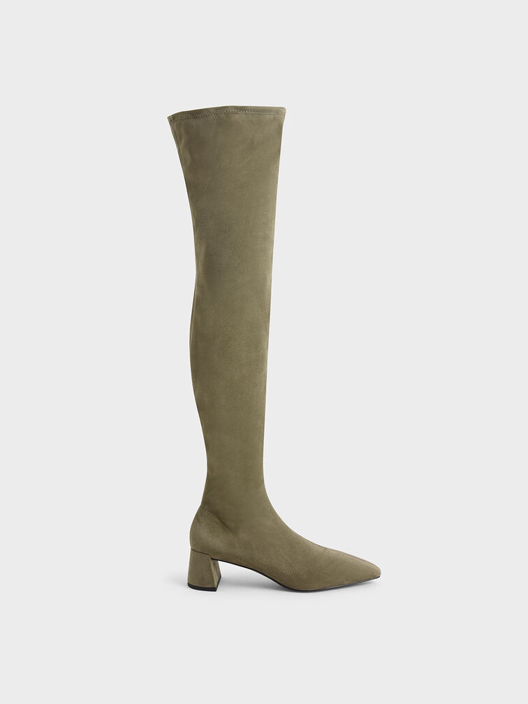 Thigh High Blade Heel Boots, Olive, hi-res