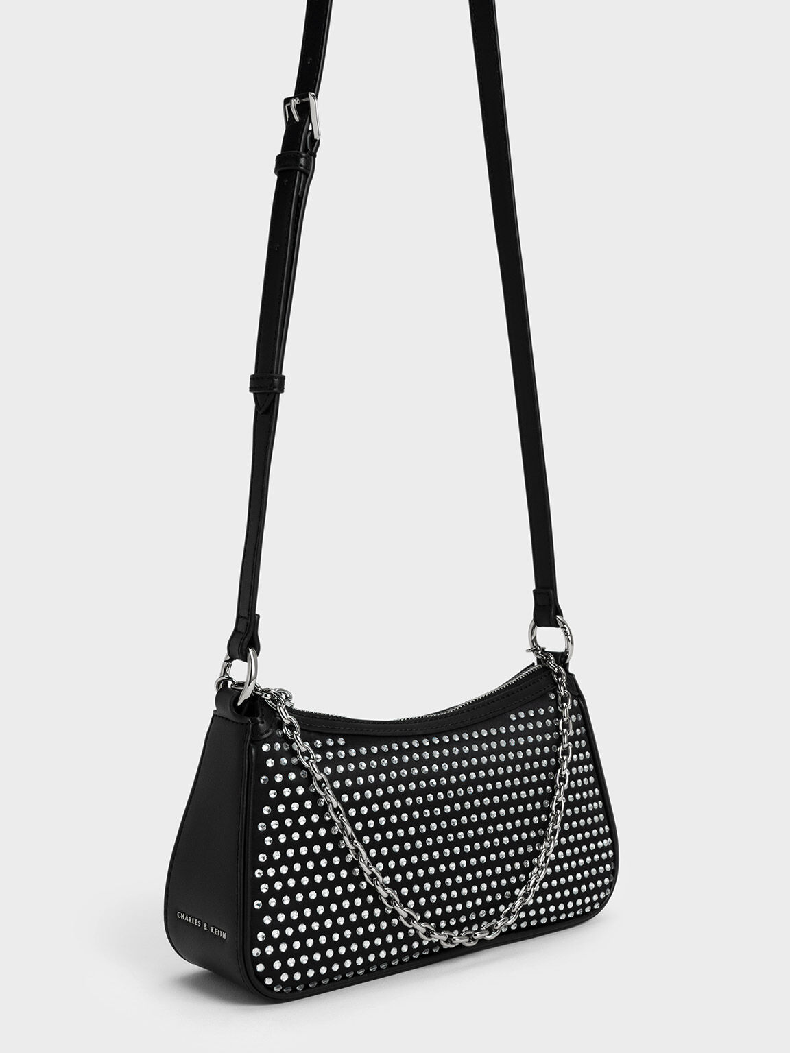 Crystal-Embellished Shoulder Bag, Black, hi-res