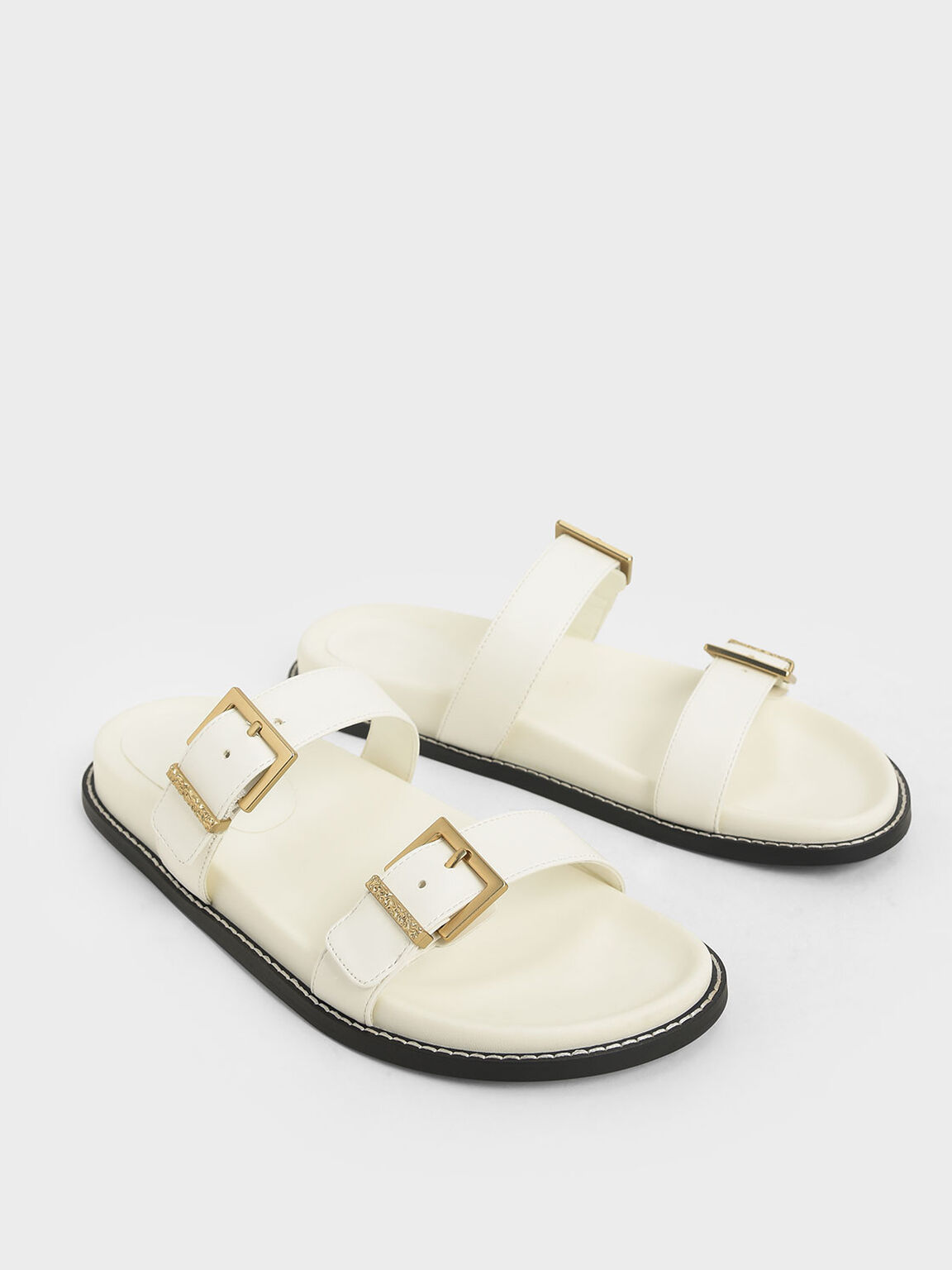 Buckle Double Strap Flats, White, hi-res
