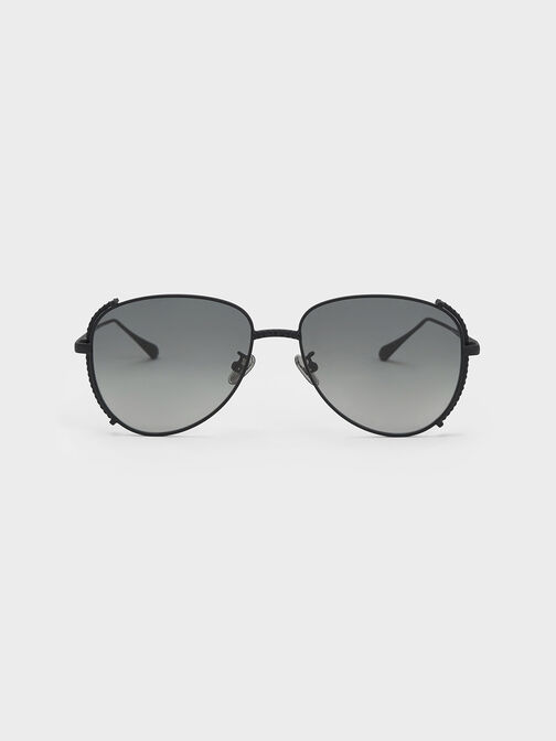 Gem-Embellished Wireframe Aviator Sunglasses, Black, hi-res