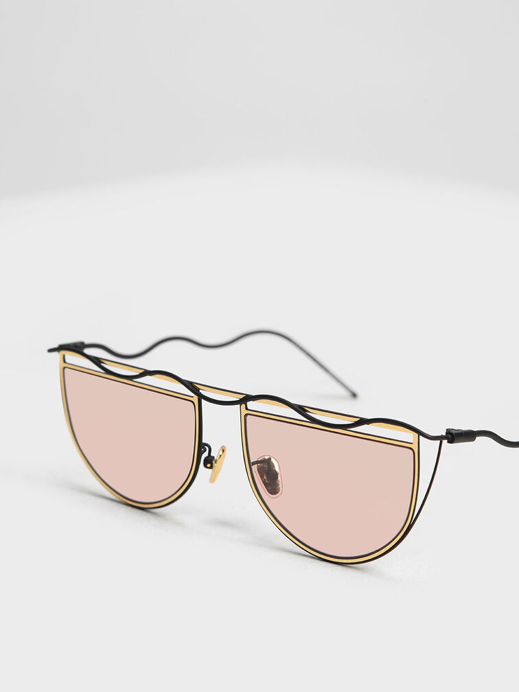 Drop Temple Semi-Circle Sunglasses, Gold, hi-res