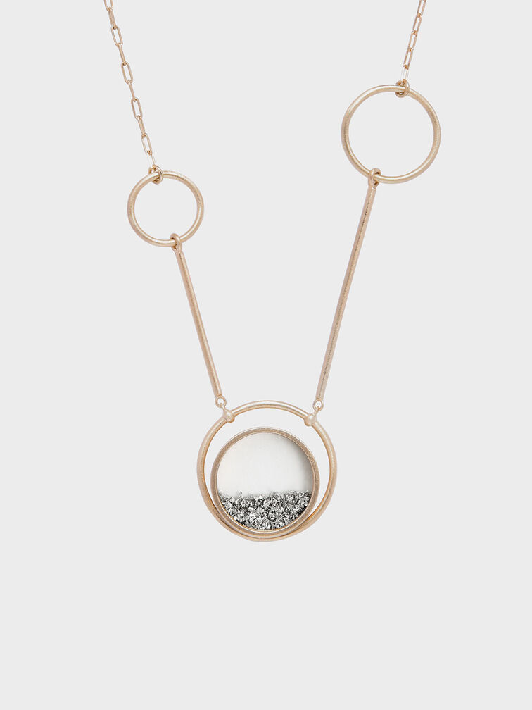 Silver Sparkling Sandstone Ring Detail Floating Locket Matinee Necklace, Dorado, hi-res