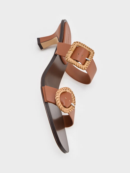 Woven-Buckle Heeled Mules, Brown, hi-res