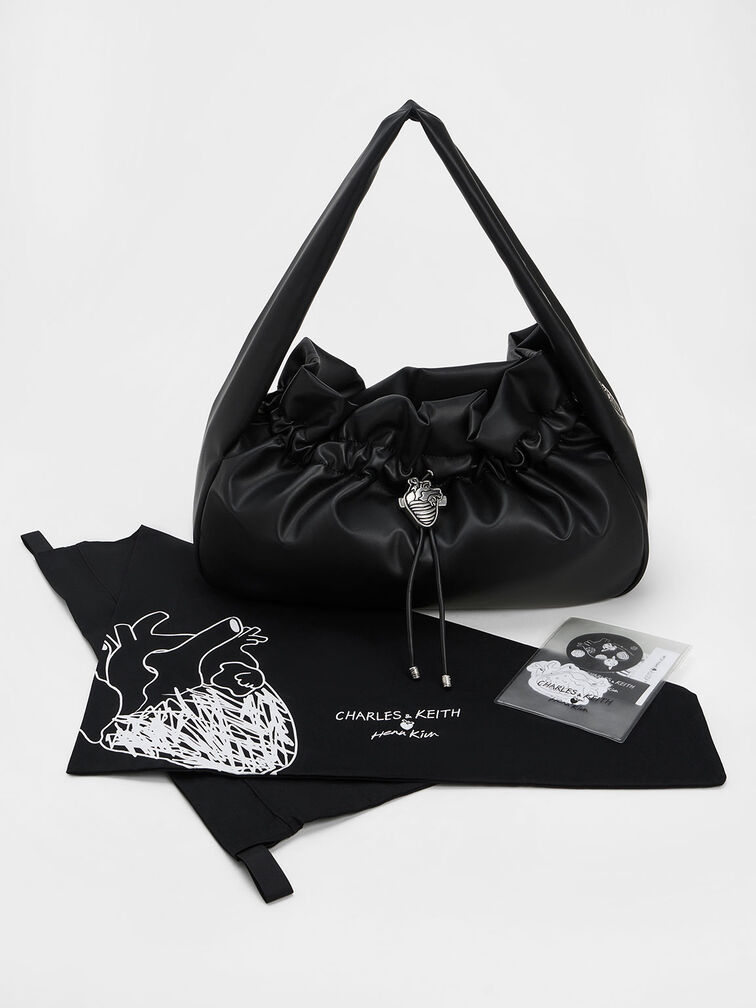 Illustrated Heart Charm Ruched Hobo Bag, Black, hi-res
