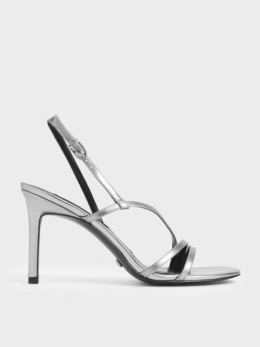 Mirror Metallic Leather Strappy Heeled Sandals, Silver, hi-res