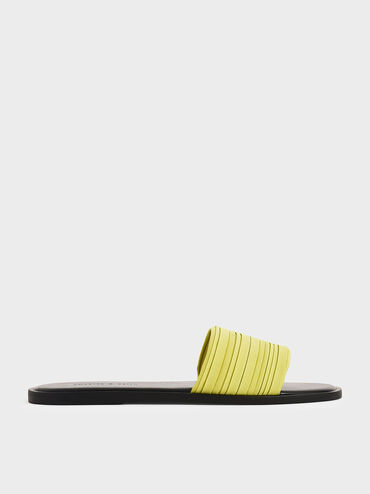 Pleated Slide Sandals, Yellow, hi-res