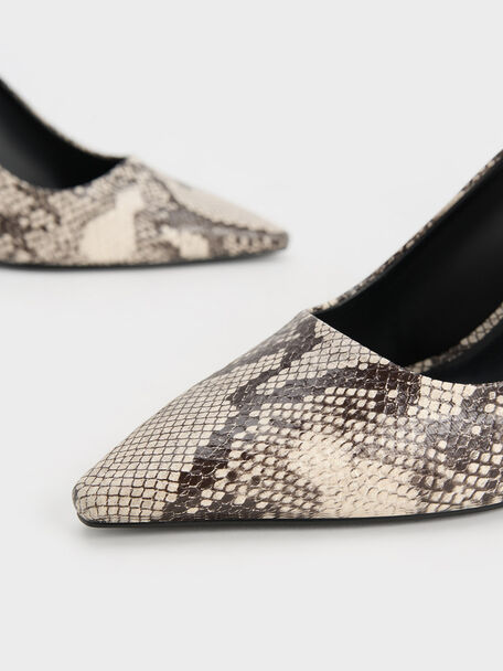 Zapatos destalonados con acabado de serpiente y tacón trapecio, Animal print natural, hi-res