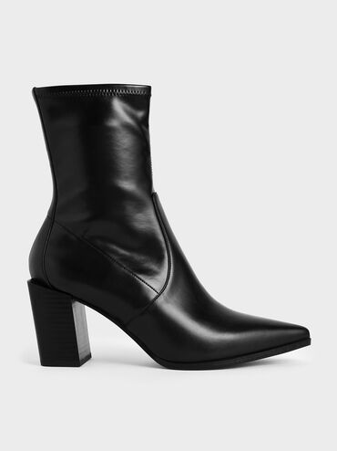 Stacked Heel Ankle Boots, Black, hi-res
