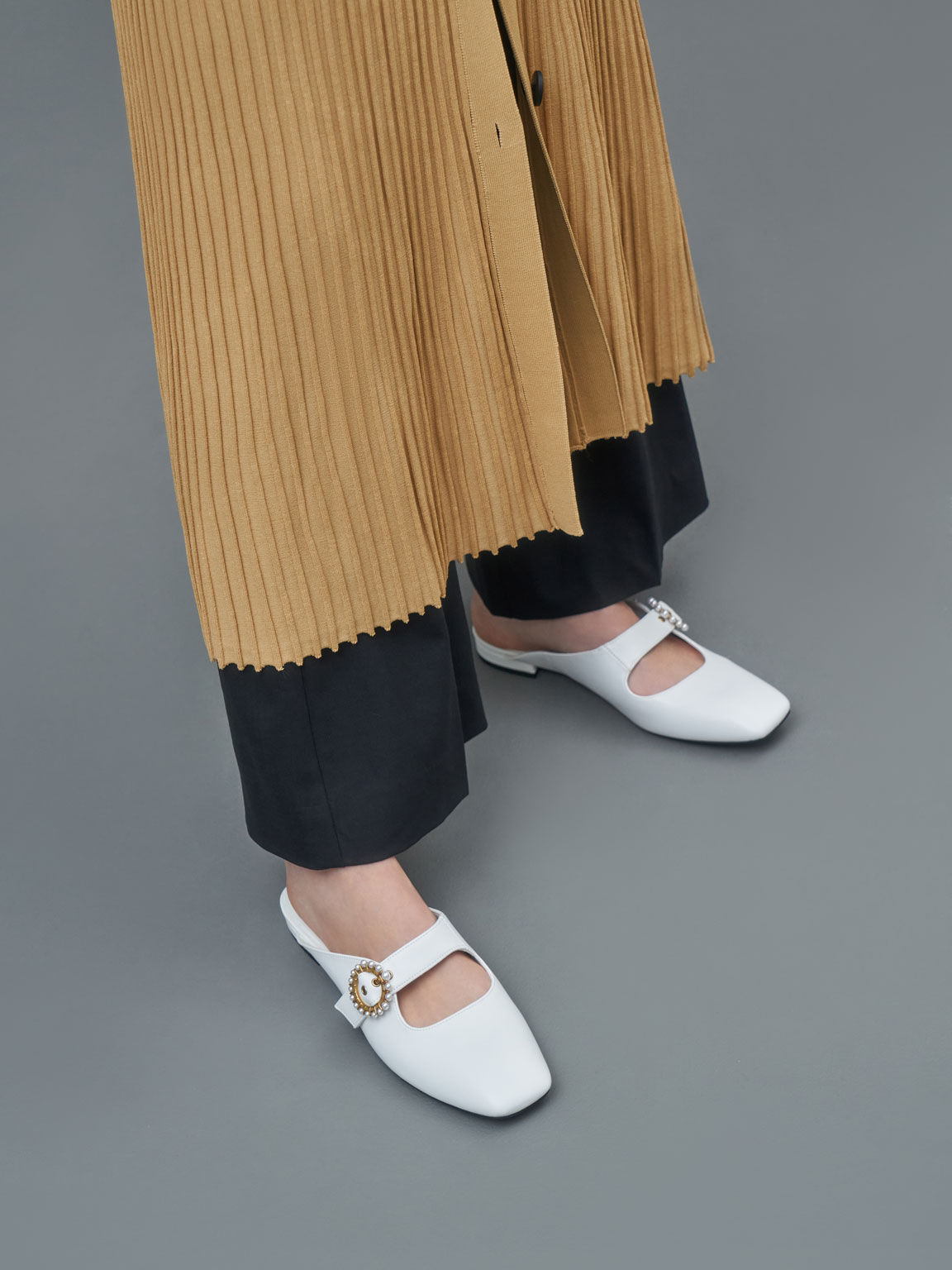 Beaded Buckle Mules, White, hi-res