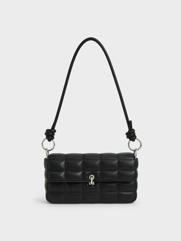 Chunky Chain Handle Quilted Shoulder Bag, Black, hi-res