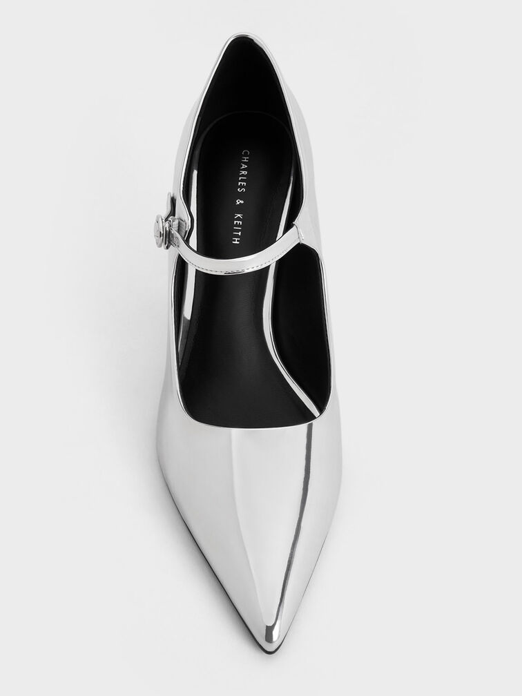 Silver Metallic Pointed-Toe Mary Jane Pumps - CHARLES & KEITH IT