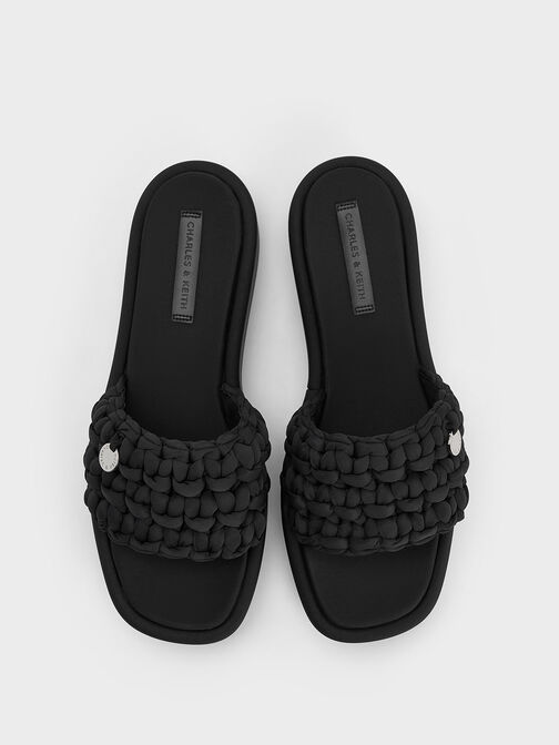 Woven Flatform Sandals, Black Textured, hi-res