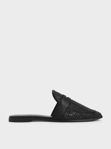 Woven Penny Loafer Mules, Black, hi-res