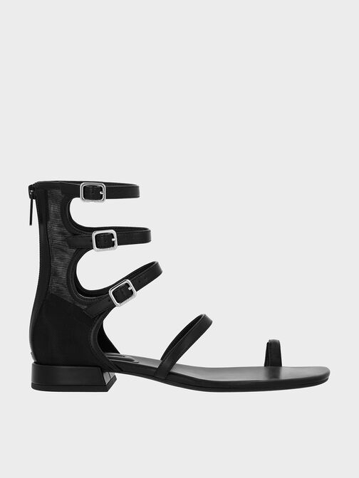 Lyric Mesh Gladiator Toe-Ring Sandals, Black Textured, hi-res